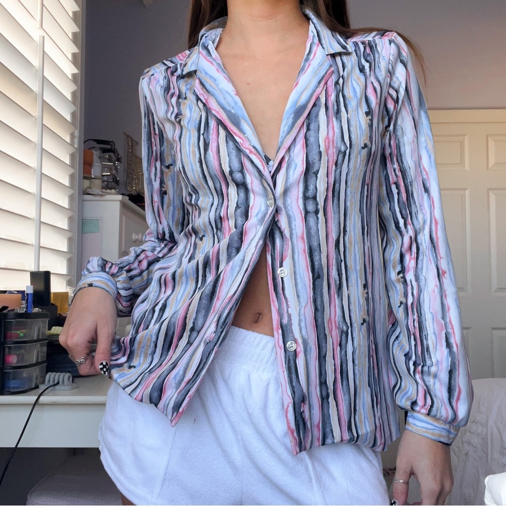 Rainbow Multicolor Stripe Print Button Up